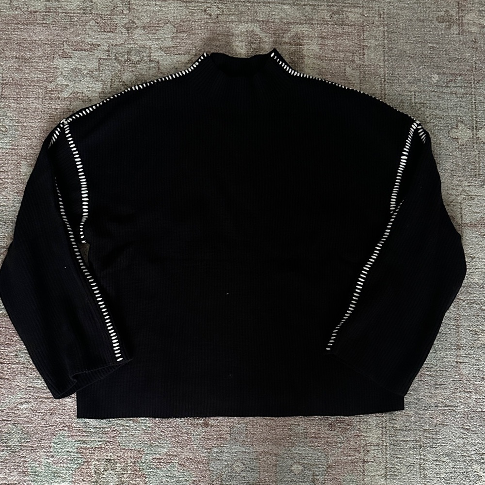 Pretty Garden Black Ribbed Sweater with Contrast Stitch Detailing